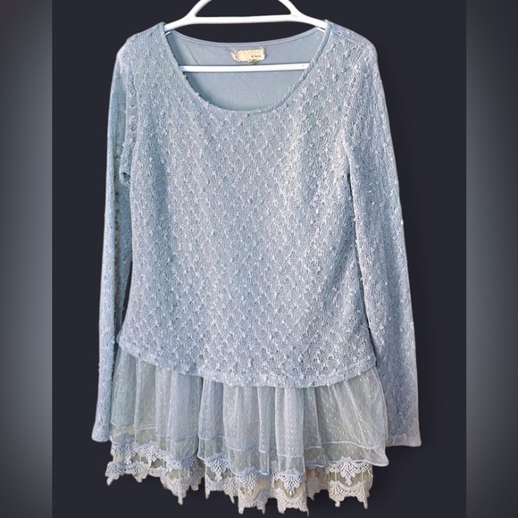 A'Reve Tops - A’Reve Anthropologie Powder Blue Lace Tunic Mini Dress Sweater Size M